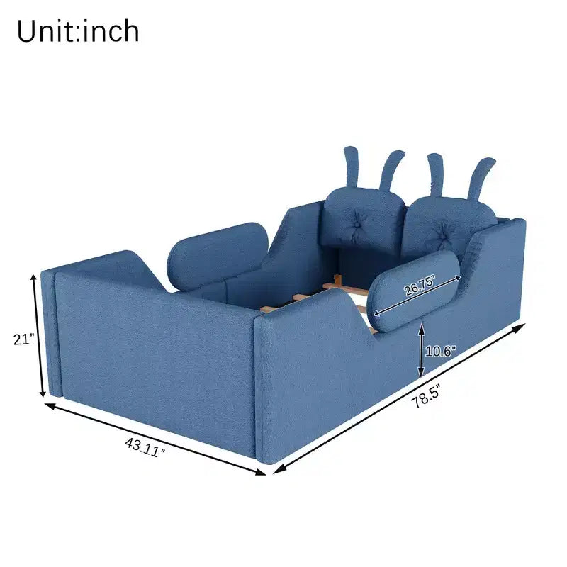 Twin Platform Bed, Kids Floor Upholstered Bed Frame with Rabbit Cushion, Removable Side Rails