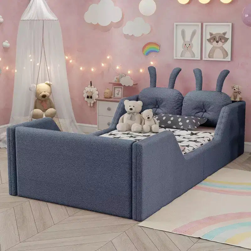 Twin Platform Bed, Kids Floor Upholstered Bed Frame with Rabbit Cushion, Removable Side Rails