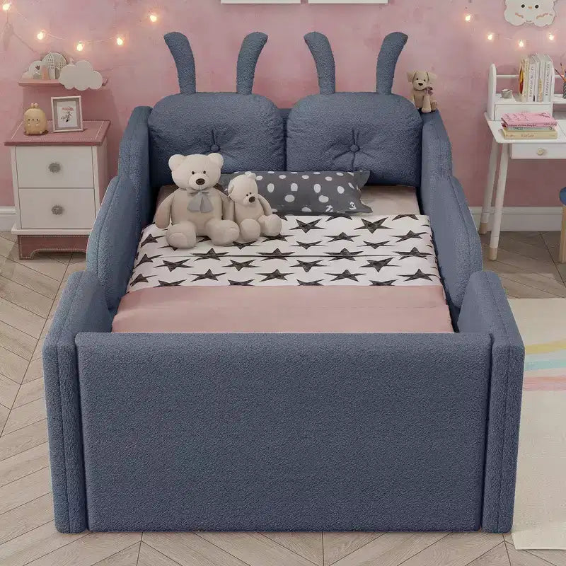 Twin Platform Bed, Kids Floor Upholstered Bed Frame with Rabbit Cushion, Removable Side Rails