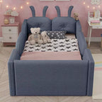 Twin Platform Bed, Kids Floor Upholstered Bed Frame with Rabbit Cushion, Removable Side Rails