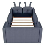 Twin Platform Bed, Kids Floor Upholstered Bed Frame with Rabbit Cushion, Removable Side Rails