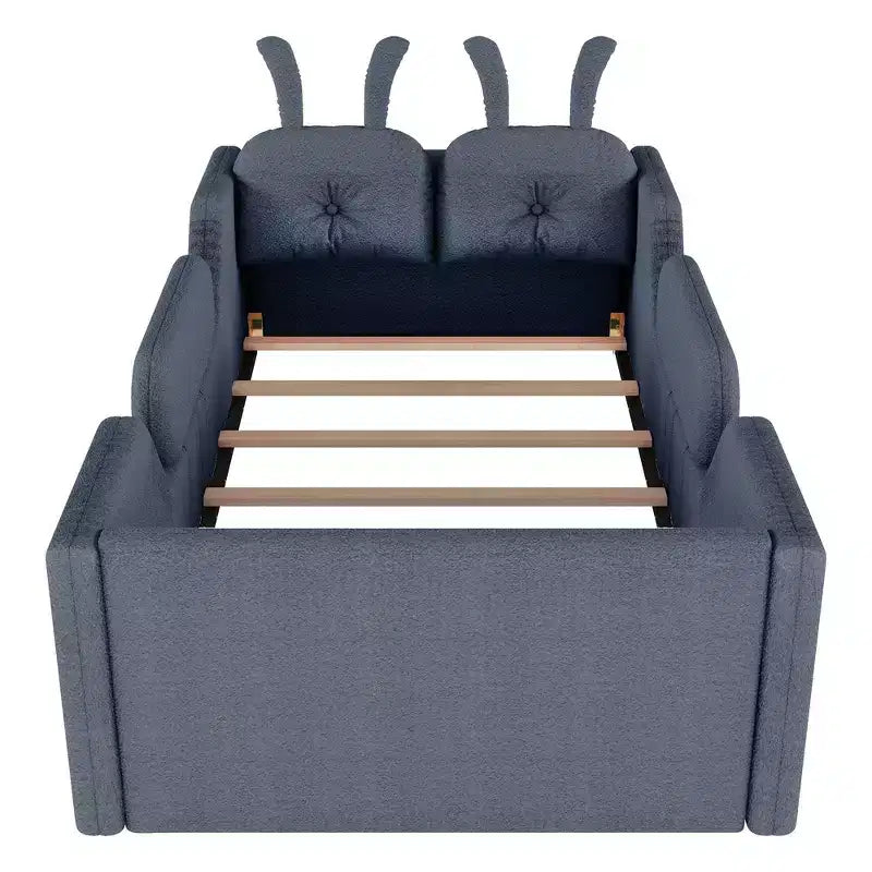 Twin Platform Bed, Kids Floor Upholstered Bed Frame with Rabbit Cushion, Removable Side Rails