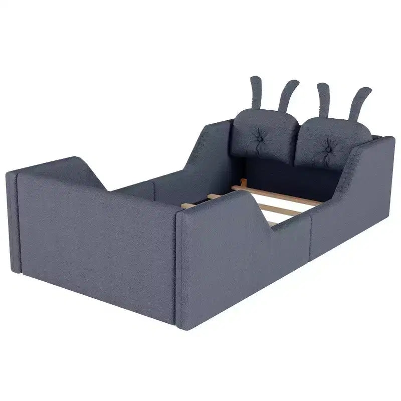 Twin Platform Bed, Kids Floor Upholstered Bed Frame with Rabbit Cushion, Removable Side Rails