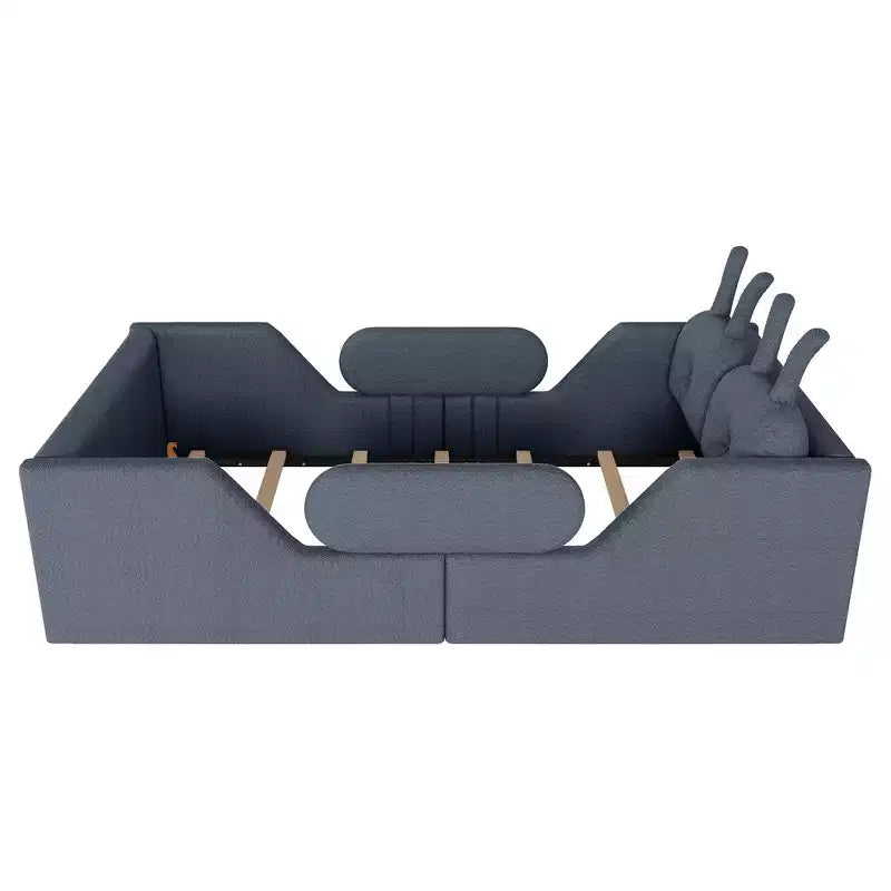 Twin Platform Bed, Kids Floor Upholstered Bed Frame with Rabbit Cushion, Removable Side Rails