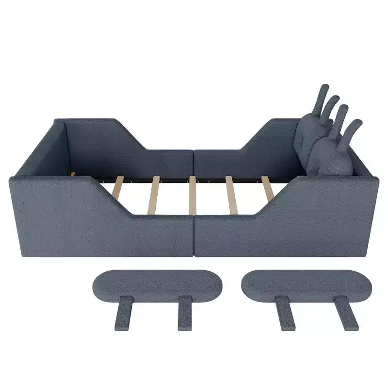 Twin Platform Bed, Kids Floor Upholstered Bed Frame with Rabbit Cushion, Removable Side Rails
