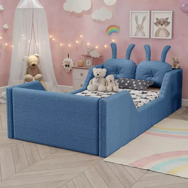 Twin Platform Bed, Kids Floor Upholstered Bed Frame with Rabbit Cushion, Removable Side Rails
