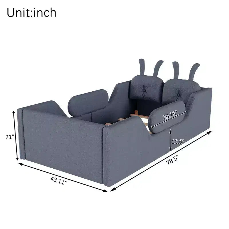 Twin Platform Bed, Kids Floor Upholstered Bed Frame with Rabbit Cushion, Removable Side Rails