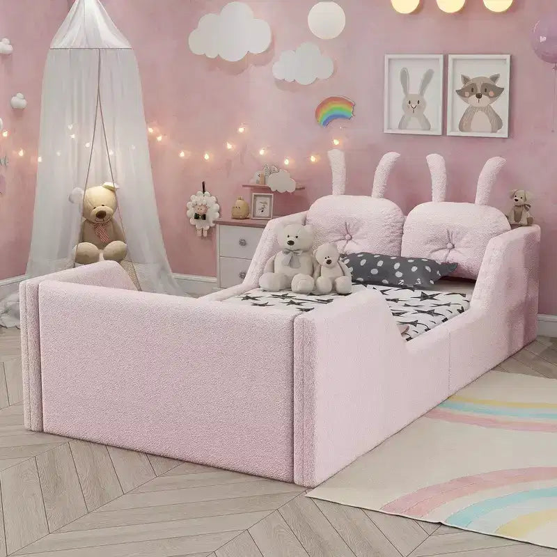 Twin Platform Bed, Kids Floor Upholstered Bed Frame with Rabbit Cushion, Removable Side Rails