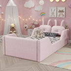 Twin Platform Bed, Kids Floor Upholstered Bed Frame with Rabbit Cushion, Removable Side Rails