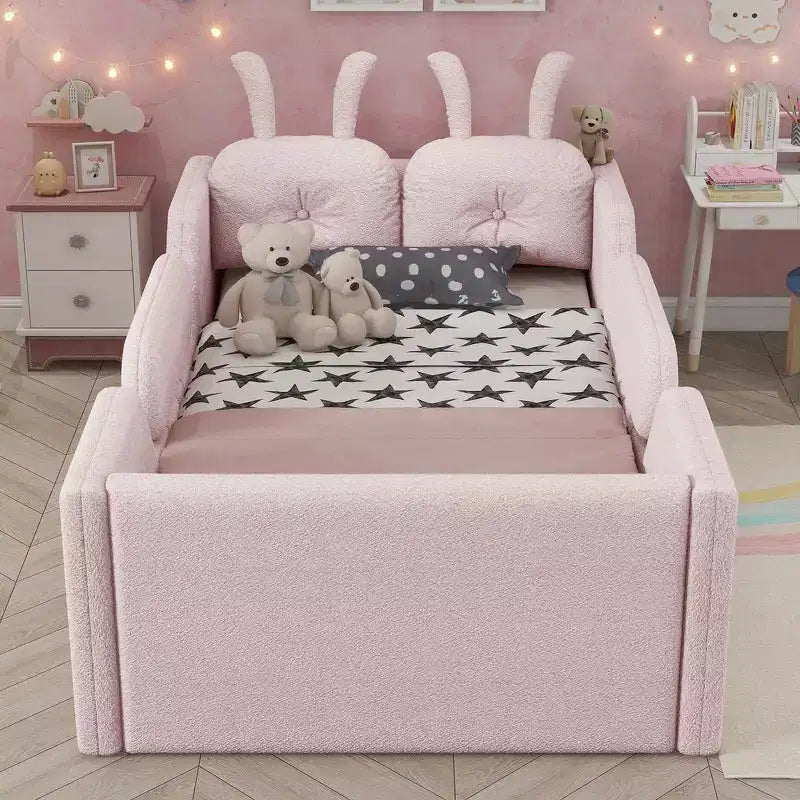 Twin Platform Bed, Kids Floor Upholstered Bed Frame with Rabbit Cushion, Removable Side Rails