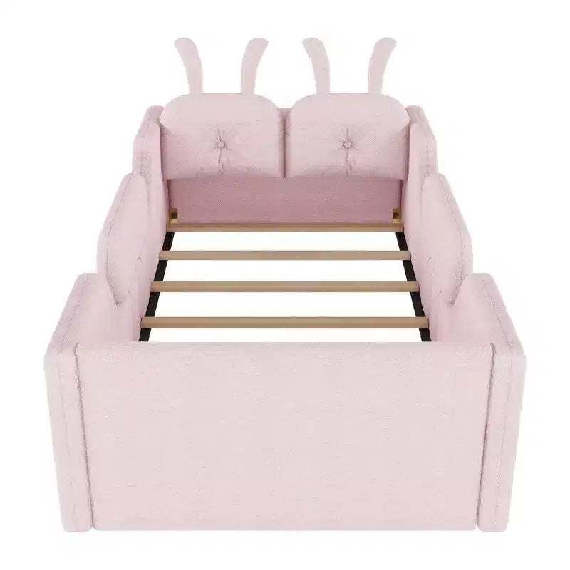Twin Platform Bed, Kids Floor Upholstered Bed Frame with Rabbit Cushion, Removable Side Rails