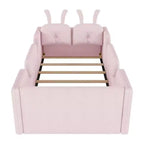 Twin Platform Bed, Kids Floor Upholstered Bed Frame with Rabbit Cushion, Removable Side Rails