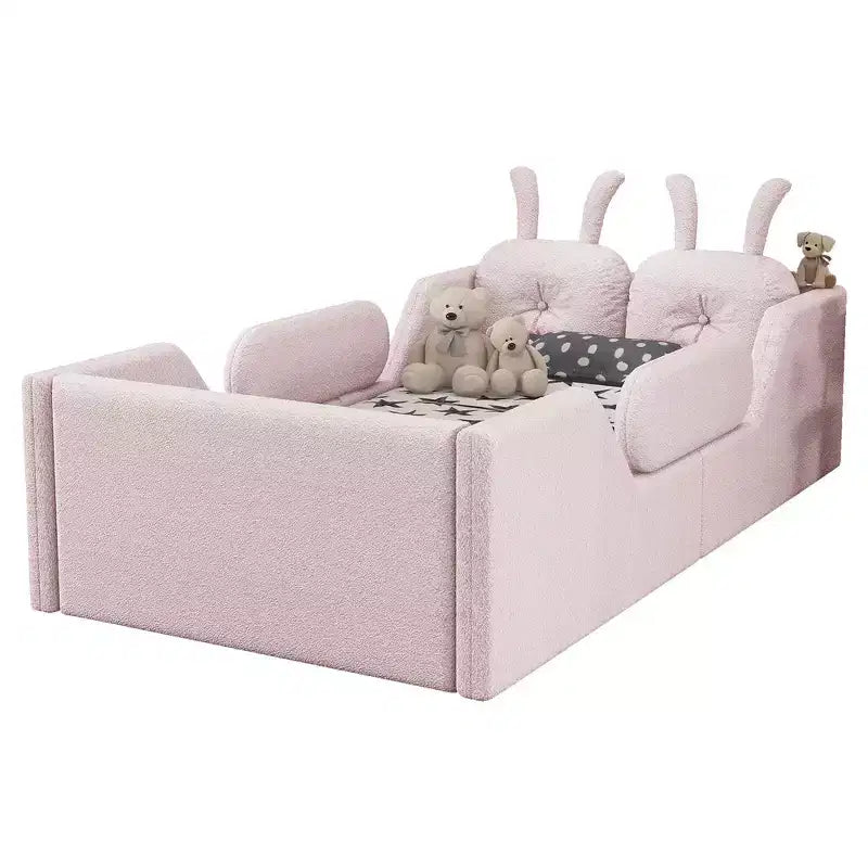 Twin Platform Bed, Kids Floor Upholstered Bed Frame with Rabbit Cushion, Removable Side Rails