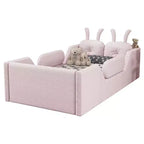 Twin Platform Bed, Kids Floor Upholstered Bed Frame with Rabbit Cushion, Removable Side Rails