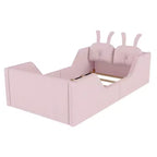 Twin Platform Bed, Kids Floor Upholstered Bed Frame with Rabbit Cushion, Removable Side Rails