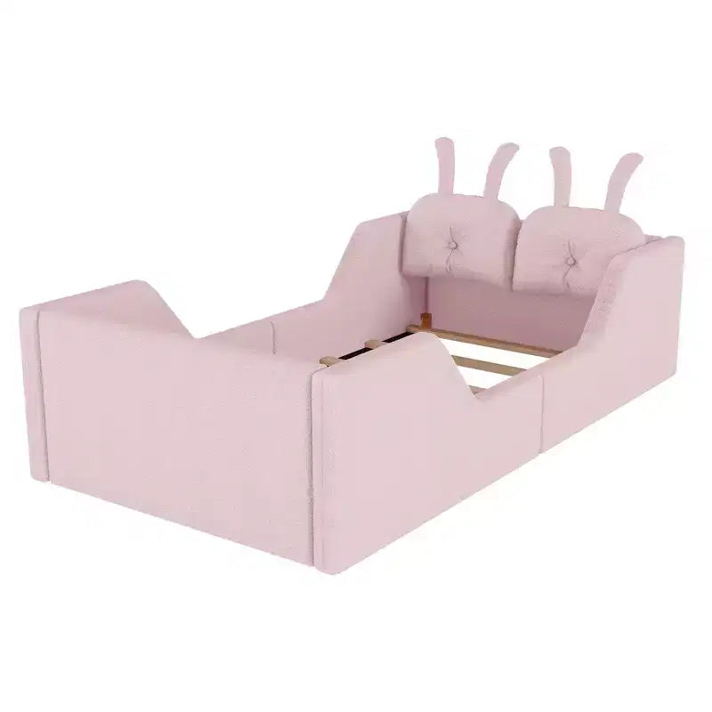 Twin Platform Bed, Kids Floor Upholstered Bed Frame with Rabbit Cushion, Removable Side Rails
