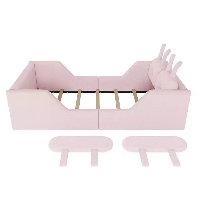 Twin Platform Bed, Kids Floor Upholstered Bed Frame with Rabbit Cushion, Removable Side Rails