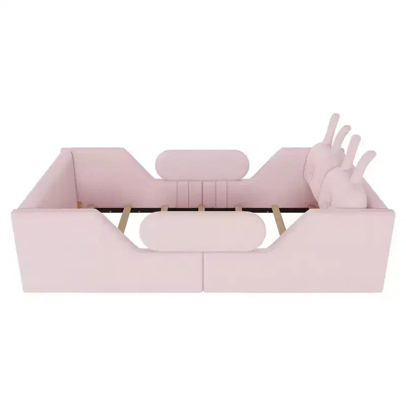 Twin Platform Bed, Kids Floor Upholstered Bed Frame with Rabbit Cushion, Removable Side Rails