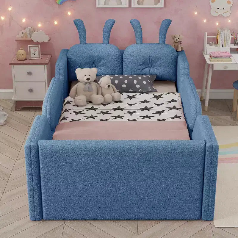 Twin Platform Bed, Kids Floor Upholstered Bed Frame with Rabbit Cushion, Removable Side Rails