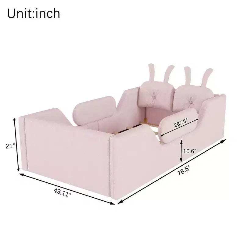 Twin Platform Bed, Kids Floor Upholstered Bed Frame with Rabbit Cushion, Removable Side Rails