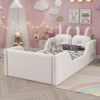 Twin Platform Bed, Kids Floor Upholstered Bed Frame with Rabbit Cushion, Removable Side Rails