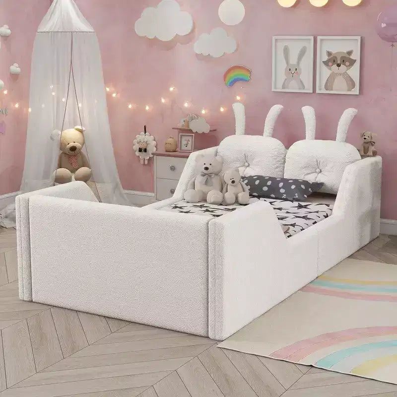 Twin Platform Bed, Kids Floor Upholstered Bed Frame with Rabbit Cushion, Removable Side Rails