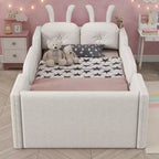 Twin Platform Bed, Kids Floor Upholstered Bed Frame with Rabbit Cushion, Removable Side Rails