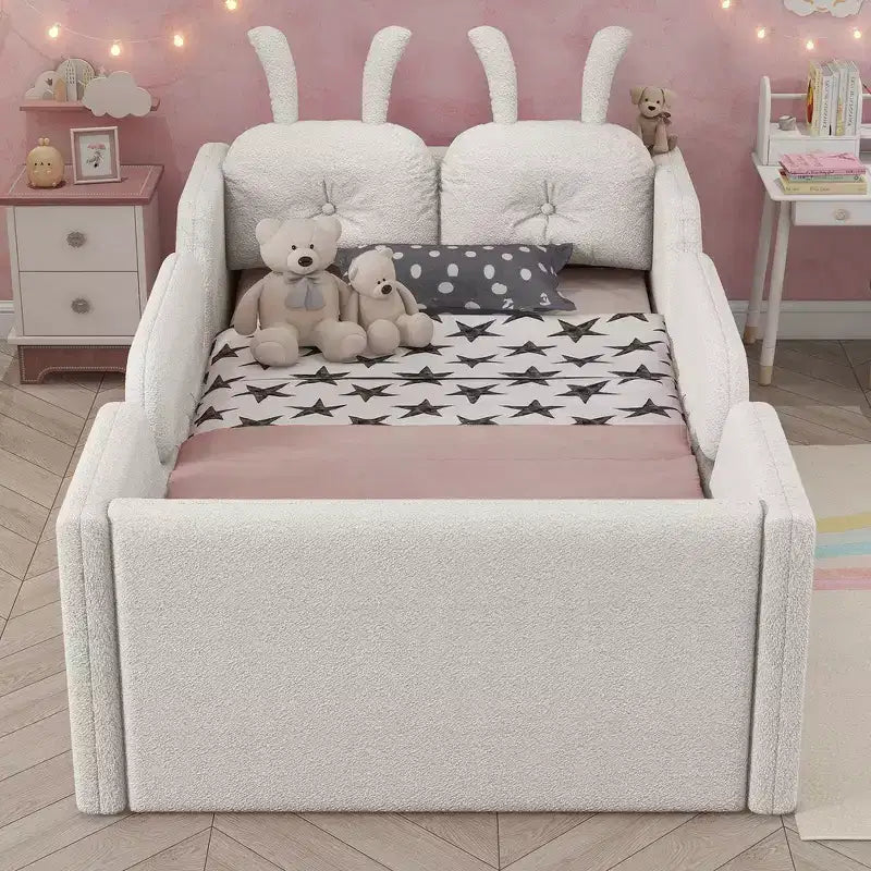 Twin Platform Bed, Kids Floor Upholstered Bed Frame with Rabbit Cushion, Removable Side Rails