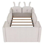 Twin Platform Bed, Kids Floor Upholstered Bed Frame with Rabbit Cushion, Removable Side Rails