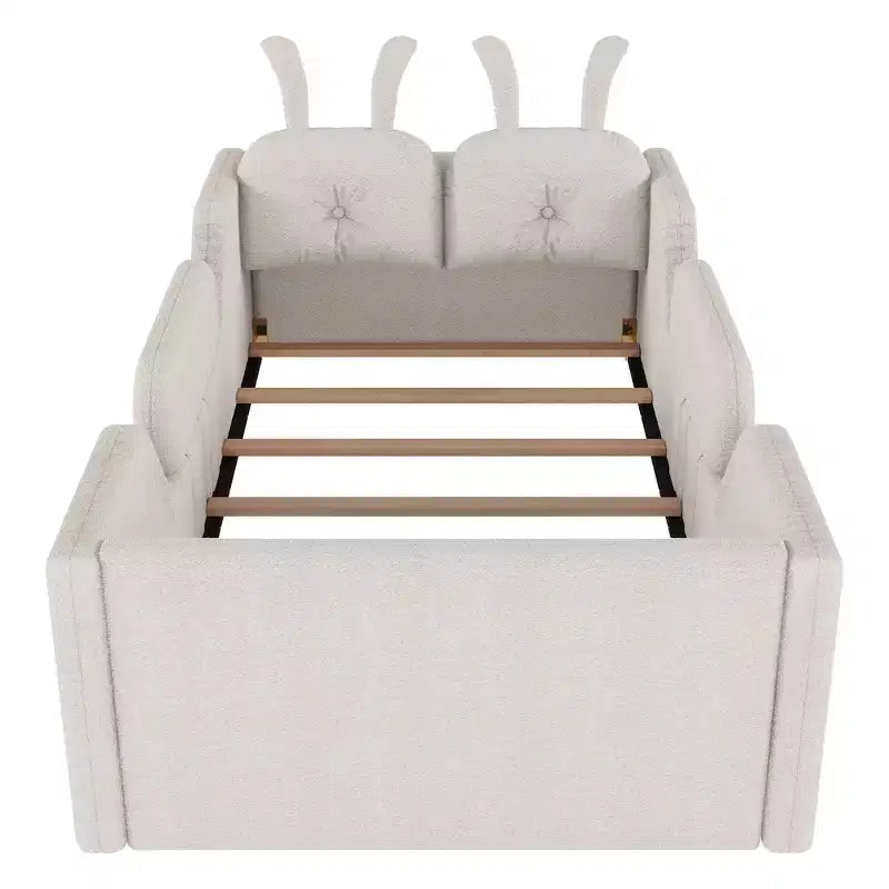Twin Platform Bed, Kids Floor Upholstered Bed Frame with Rabbit Cushion, Removable Side Rails