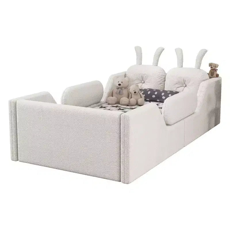 Twin Platform Bed, Kids Floor Upholstered Bed Frame with Rabbit Cushion, Removable Side Rails