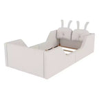 Twin Platform Bed, Kids Floor Upholstered Bed Frame with Rabbit Cushion, Removable Side Rails