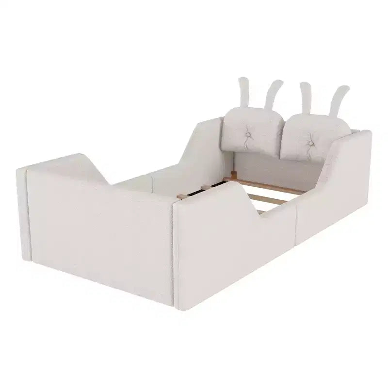 Twin Platform Bed, Kids Floor Upholstered Bed Frame with Rabbit Cushion, Removable Side Rails