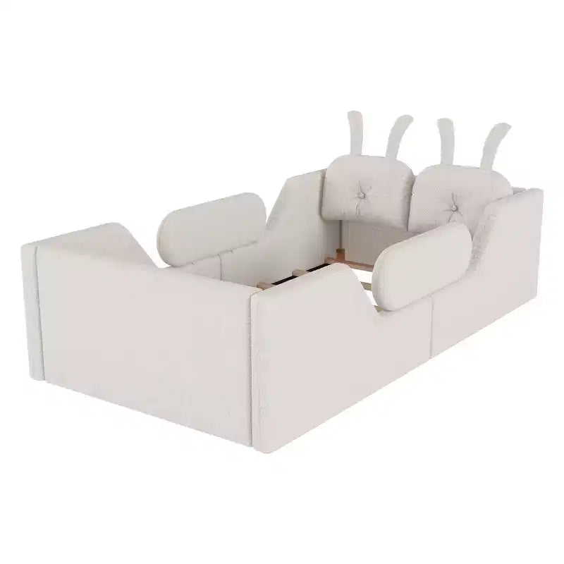 Twin Platform Bed, Kids Floor Upholstered Bed Frame with Rabbit Cushion, Removable Side Rails
