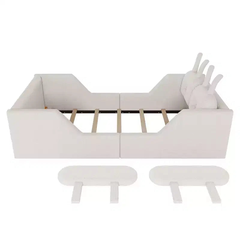 Twin Platform Bed, Kids Floor Upholstered Bed Frame with Rabbit Cushion, Removable Side Rails