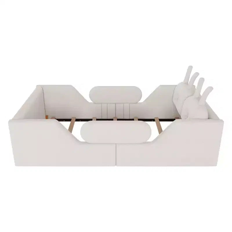 Twin Platform Bed, Kids Floor Upholstered Bed Frame with Rabbit Cushion, Removable Side Rails