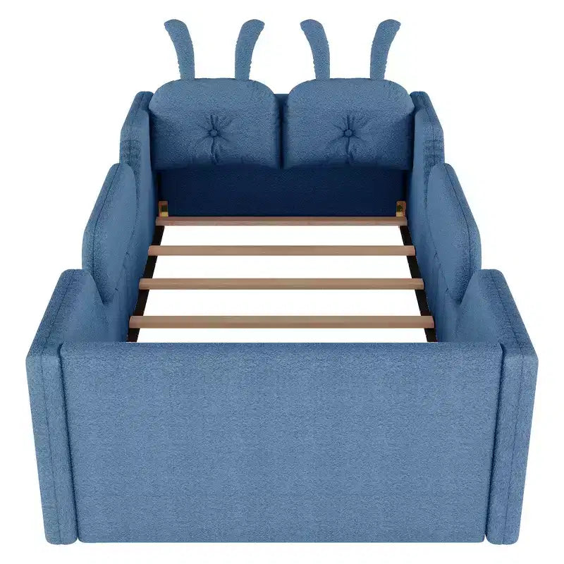 Twin Platform Bed, Kids Floor Upholstered Bed Frame with Rabbit Cushion, Removable Side Rails