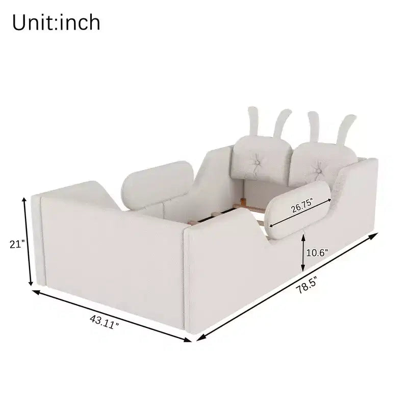 Twin Platform Bed, Kids Floor Upholstered Bed Frame with Rabbit Cushion, Removable Side Rails