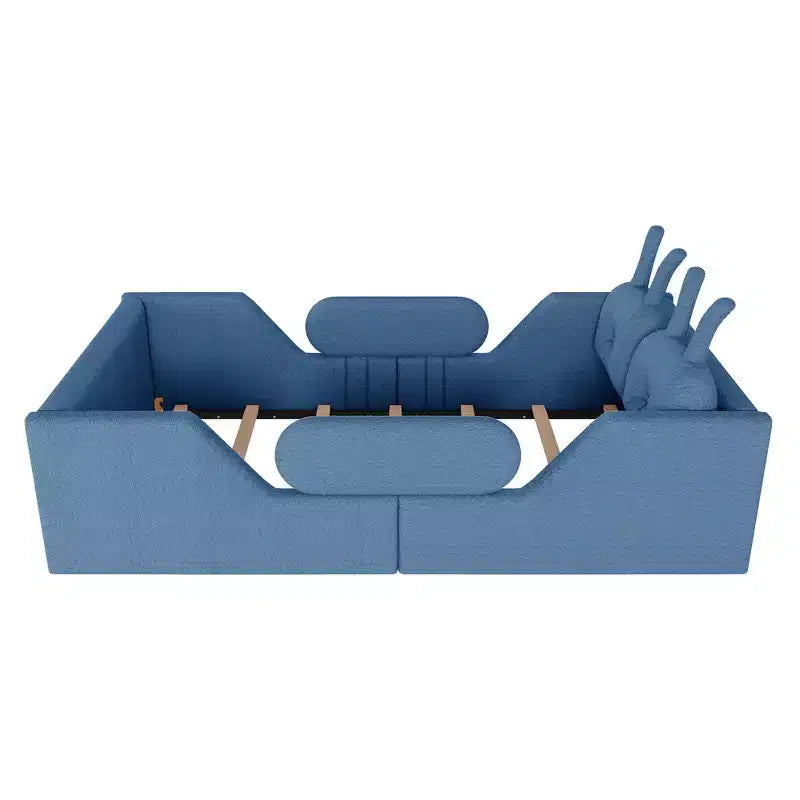 Twin Platform Bed, Kids Floor Upholstered Bed Frame with Rabbit Cushion, Removable Side Rails