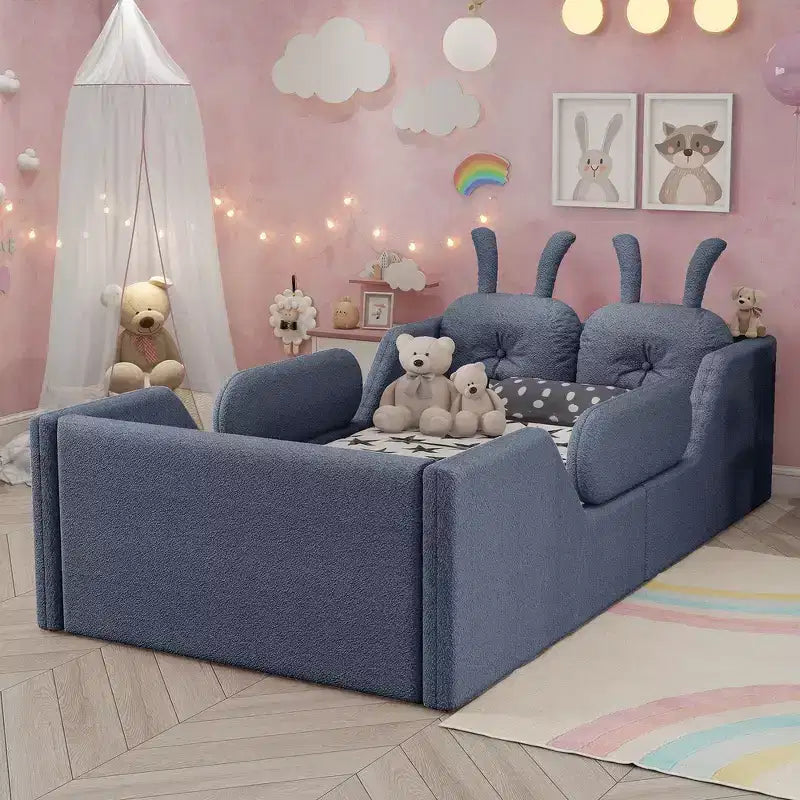 Twin Platform Bed, Kids Floor Upholstered Bed Frame with Rabbit Cushion, Removable Side Rails