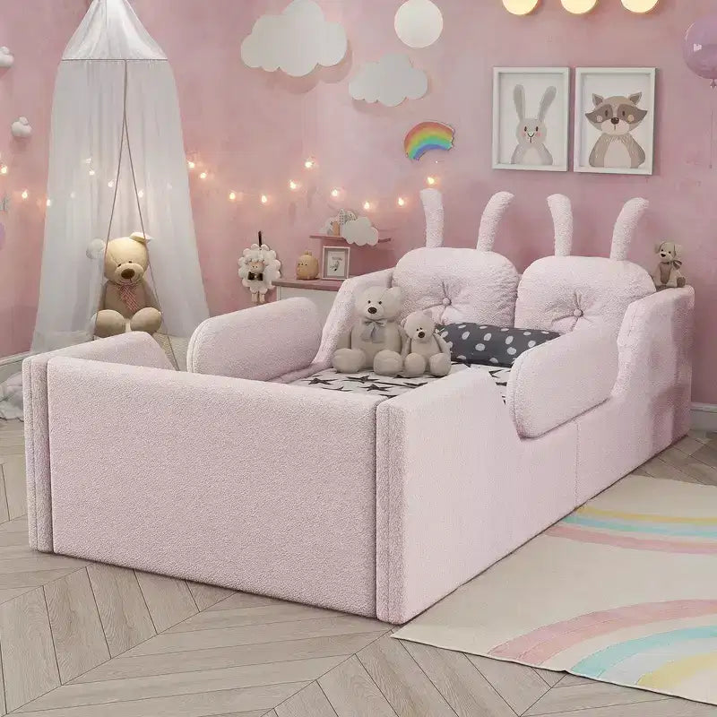Twin Platform Bed, Kids Floor Upholstered Bed Frame with Rabbit Cushion, Removable Side Rails