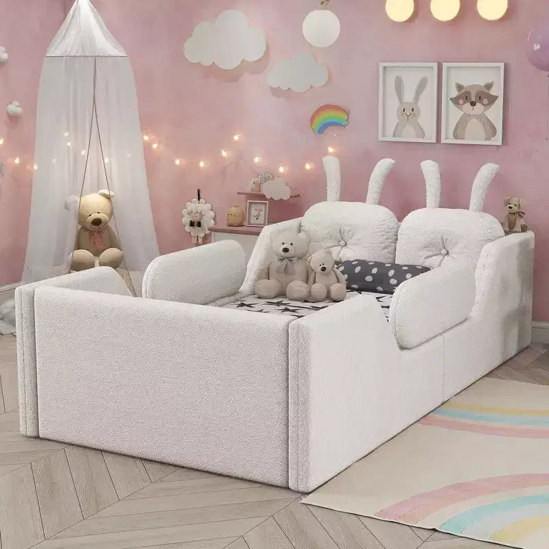Twin Platform Bed, Kids Floor Upholstered Bed Frame with Rabbit Cushion, Removable Side Rails