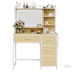Vanity Desk with Mirror and Lights, 35.4 Makeup Vanity Table with 4 Fabric Drawers & Storage Shelves, Adjustable LED Lights,Vanity Table for Bedroom