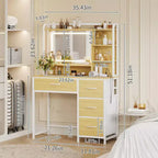 Vanity Desk with Mirror and Lights, 35.4 Makeup Vanity Table with 4 Fabric Drawers & Storage Shelves, Adjustable LED Lights,Vanity Table for Bedroom
