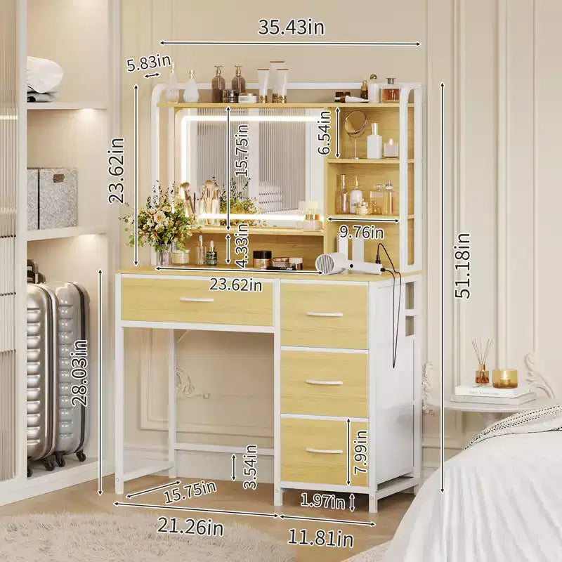 Vanity Desk with Mirror and Lights, 35.4 Makeup Vanity Table with 4 Fabric Drawers & Storage Shelves, Adjustable LED Lights,Vanity Table for Bedroom