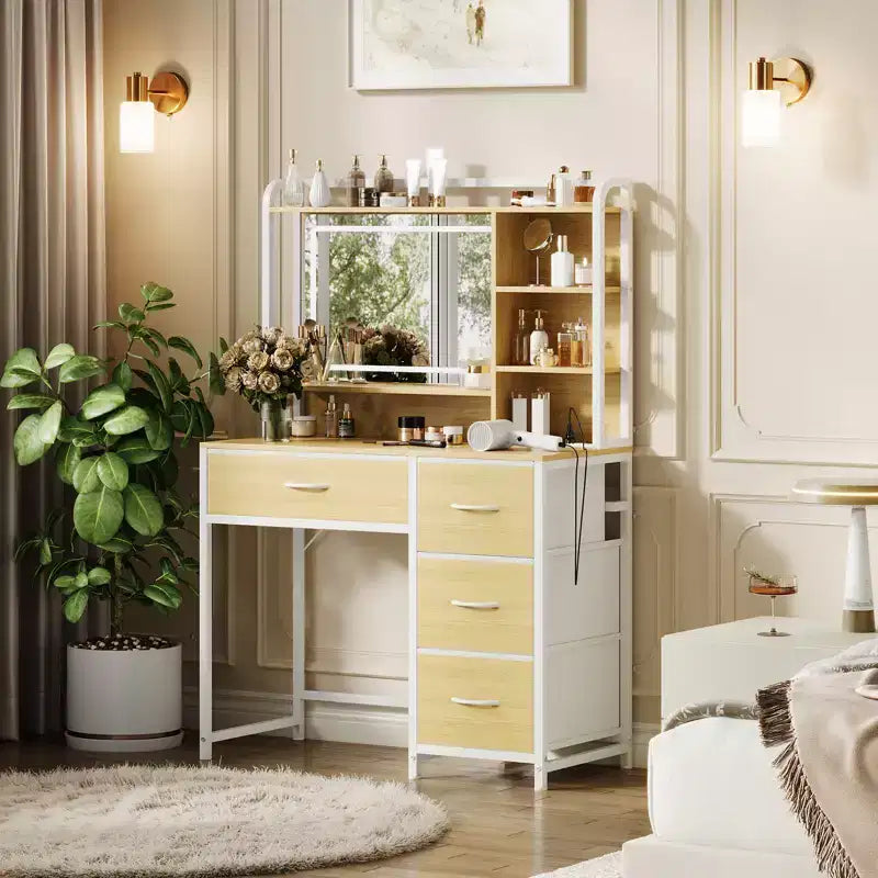 Vanity Desk with Mirror and Lights, 35.4 Makeup Vanity Table with 4 Fabric Drawers & Storage Shelves, Adjustable LED Lights,Vanity Table for Bedroom