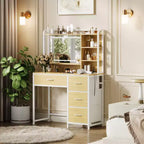 Vanity Desk with Mirror and Lights, 35.4 Makeup Vanity Table with 4 Fabric Drawers & Storage Shelves, Adjustable LED Lights,Vanity Table for Bedroom
