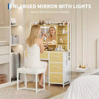 Vanity Desk with Mirror and Lights, 35.4 Makeup Vanity Table with 4 Fabric Drawers & Storage Shelves, Adjustable LED Lights,Vanity Table for Bedroom