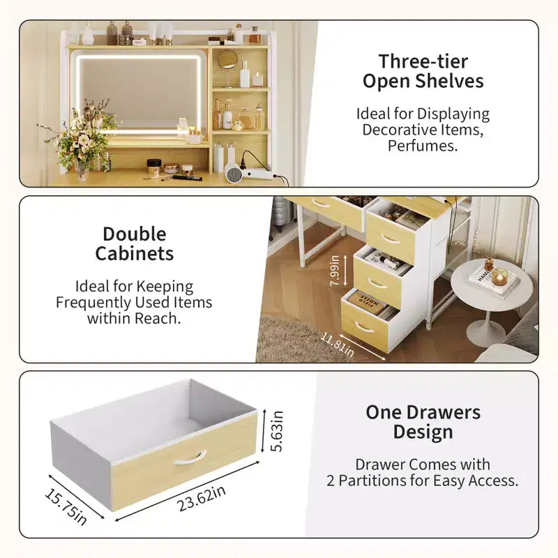 Vanity Desk with Mirror and Lights, 35.4 Makeup Vanity Table with 4 Fabric Drawers & Storage Shelves, Adjustable LED Lights,Vanity Table for Bedroom