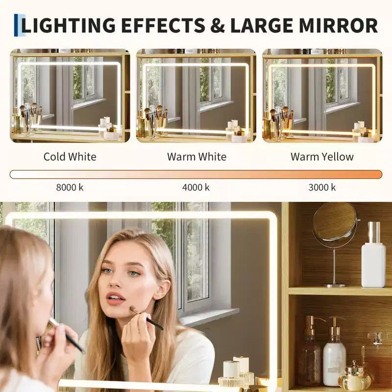 Vanity Desk with Mirror and Lights, 35.4 Makeup Vanity Table with 4 Fabric Drawers & Storage Shelves, Adjustable LED Lights,Vanity Table for Bedroom